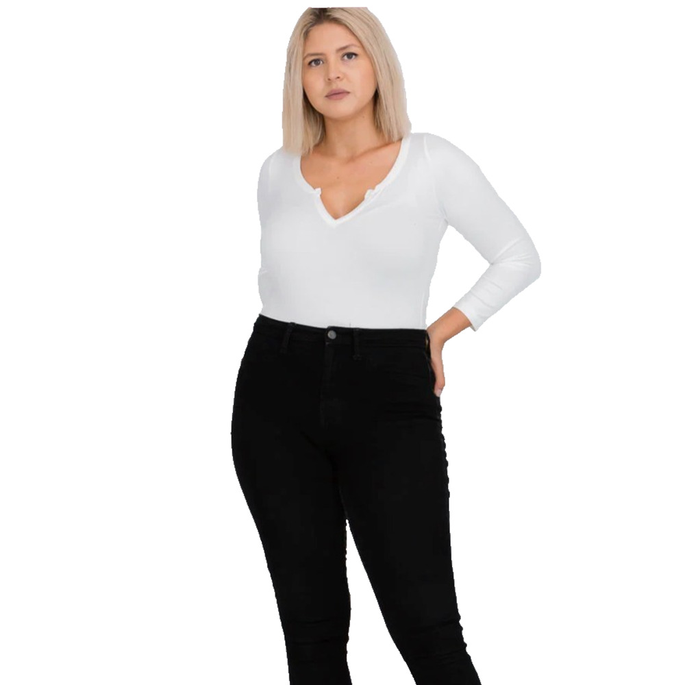 Capella White Long Sleeve V Neck Stretch Bodysuit Womens Solid Basic Layering L